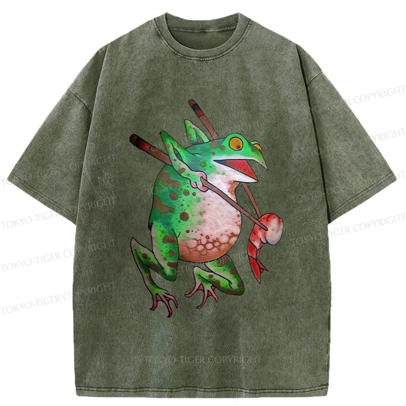 Tokyo-Tiger Funny Frog Picking Up Shrimp Washed T-Shirt