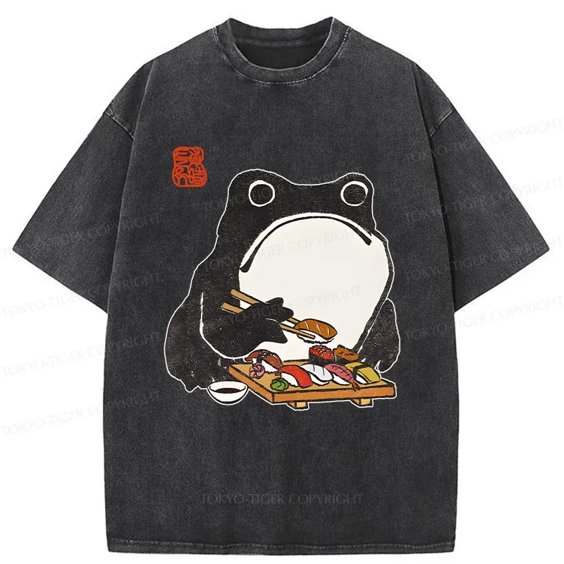 Tokyo-Tiger Frog Eating Sushi Washed T-Shirt