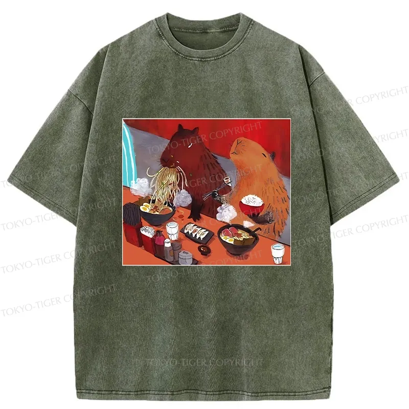 Tokyo-Tiger Ramen Lovers Capybara Funny Washed T-Shirt