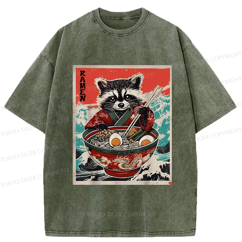 Tokyo-Tiger Ramen-loving Raccoon Washed T-Shirt