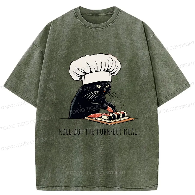 Tokyo-Tiger Roll Out The Purrfect Meal Washed T-Shirt