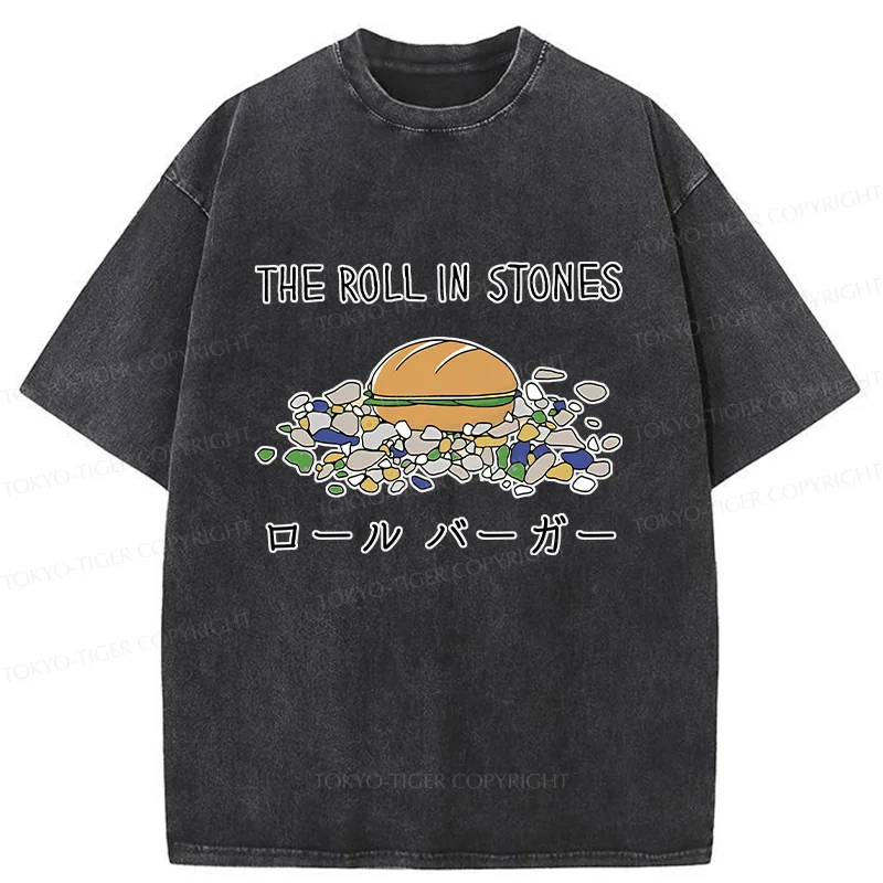 Tokyo-Tiger Rolling Hamburger Funny Washed T-Shirt