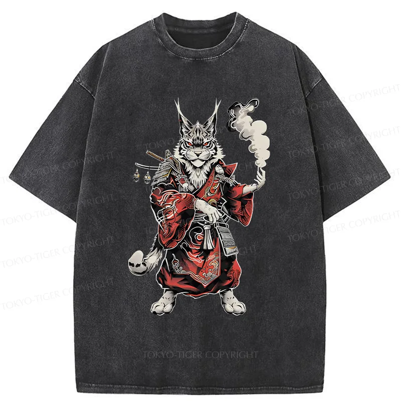 Tokyo-Tiger Fierce Cat Japanese Samurai Washed T-Shirt
