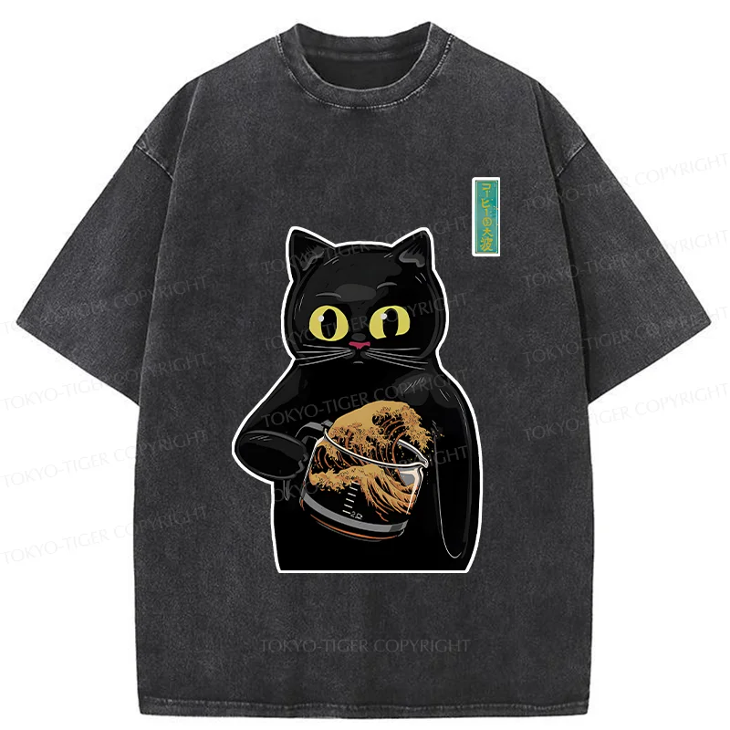 Tokyo-Tiger Black Cat Holding Coffee Washed T-Shirt