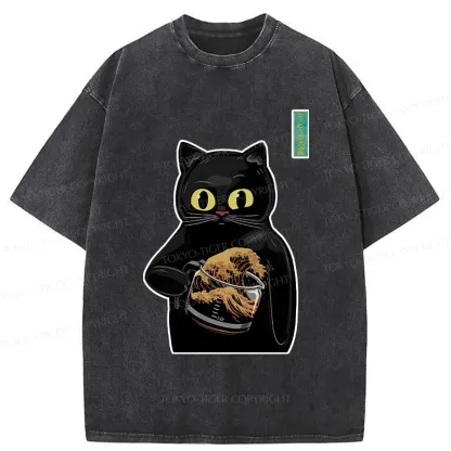 Tokyo-Tiger Black Cat Holding Coffee Washed T-Shirt