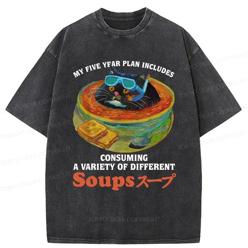 Tokyo-Tiger Cat Drinking Soup Washed T-Shirt