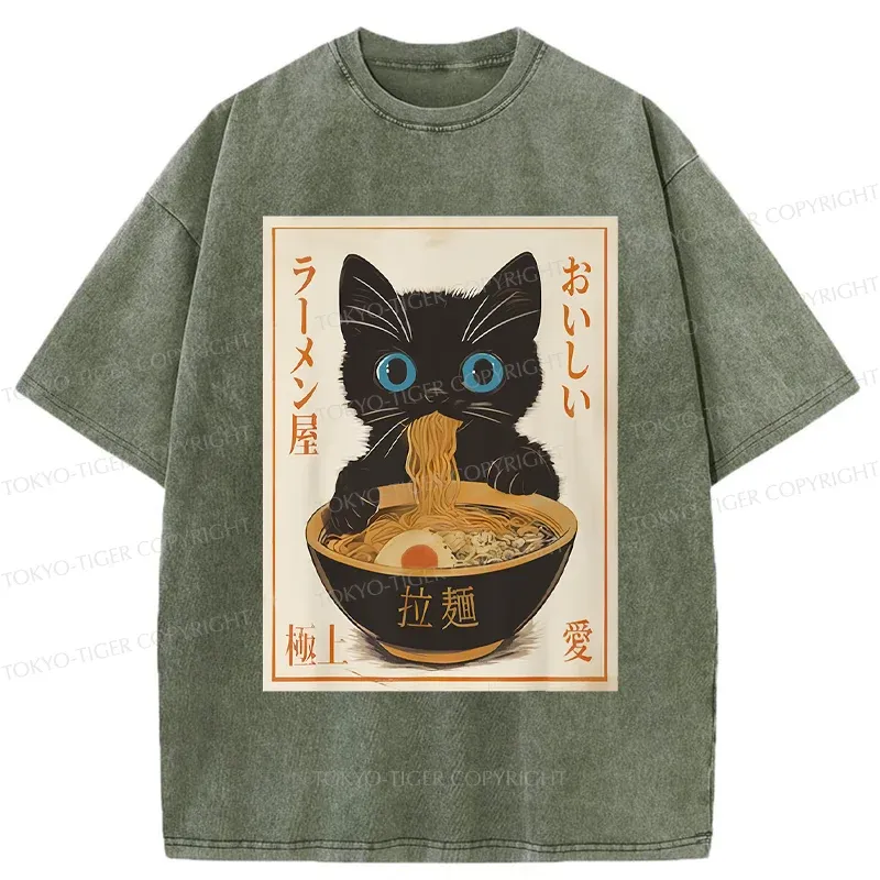 Tokyo-Tiger Vintage Cat Eating Ramen Washed T-Shirt