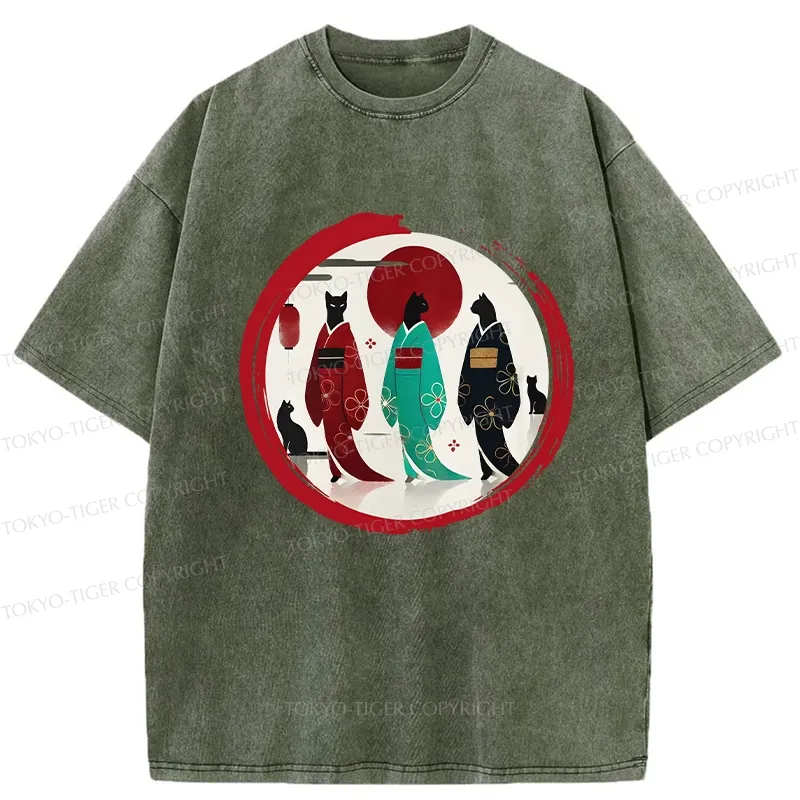 Tokyo-Tiger Black Cat Geisha Washed T-Shirt