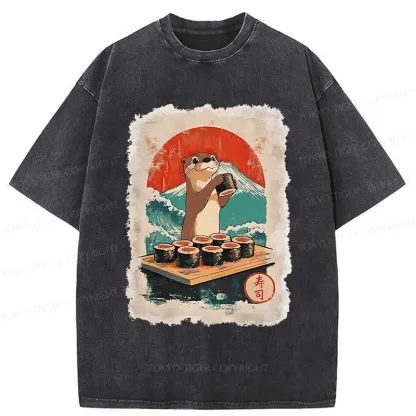 Tokyo-Tiger Otter Eating Sushi Washed T-Shirt