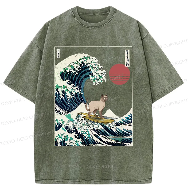Tokyo-Tiger Siamese Cat Surfing Washed T-Shirt