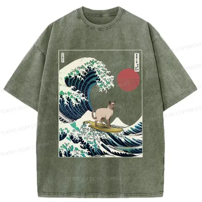 Tokyo-Tiger Siamese Cat Surfing Washed T-Shirt