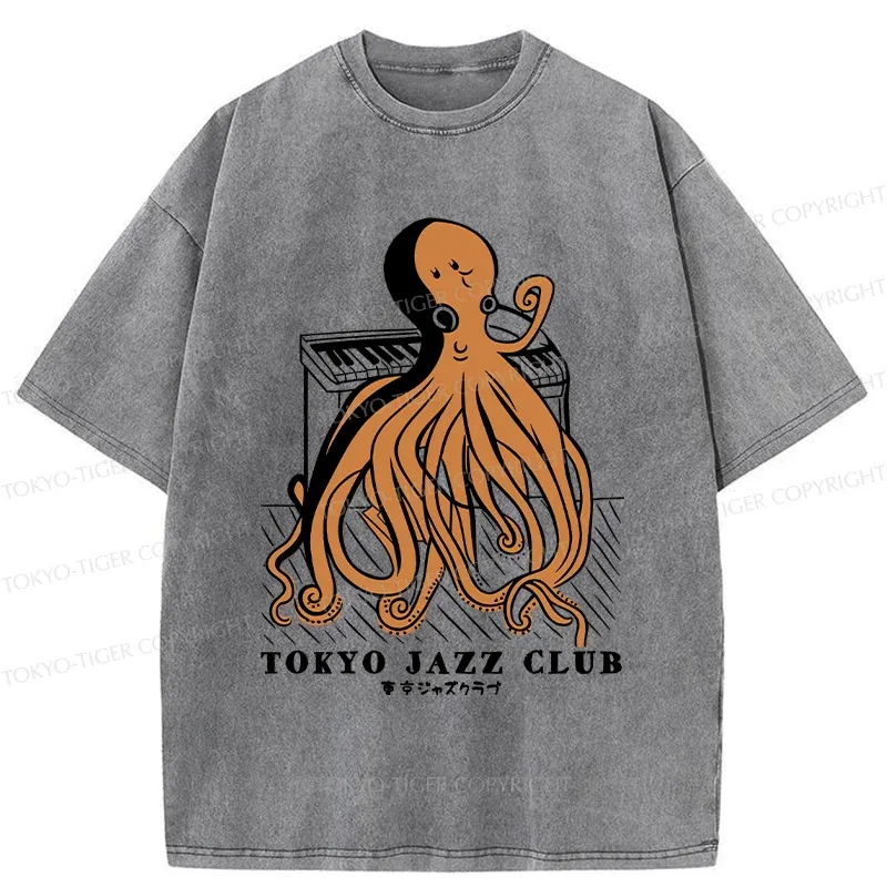 Tokyo-Tiger Octopus Playing Piano Washed T-Shirt