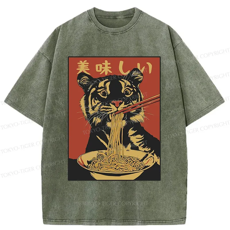 Tokyo-Tiger Tiger Eating Delicious Ramen Washed T-Shirt