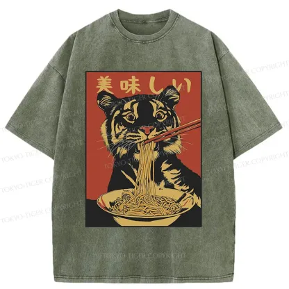 Tokyo-Tiger Tiger Eating Delicious Ramen Washed T-Shirt