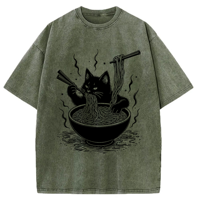 Tokyo-Tiger Ramen Lover Cat Washed T-Shirt