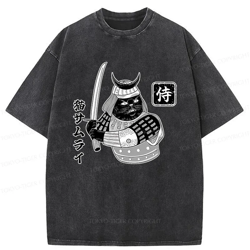 Tokyo-Tiger Cat Samurai With Sword Washed T-Shirt