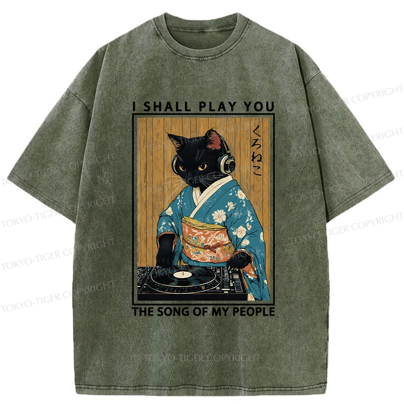 Tokyo-Tiger Funny Playing Music Black Cat Washed T-Shirt