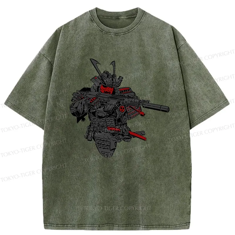 Tokyo-Tiger Samurai Holding A Gun Washed T-Shirt