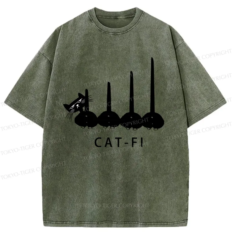 Tokyo-Tiger Funny CAT-FI Washed T-Shirt