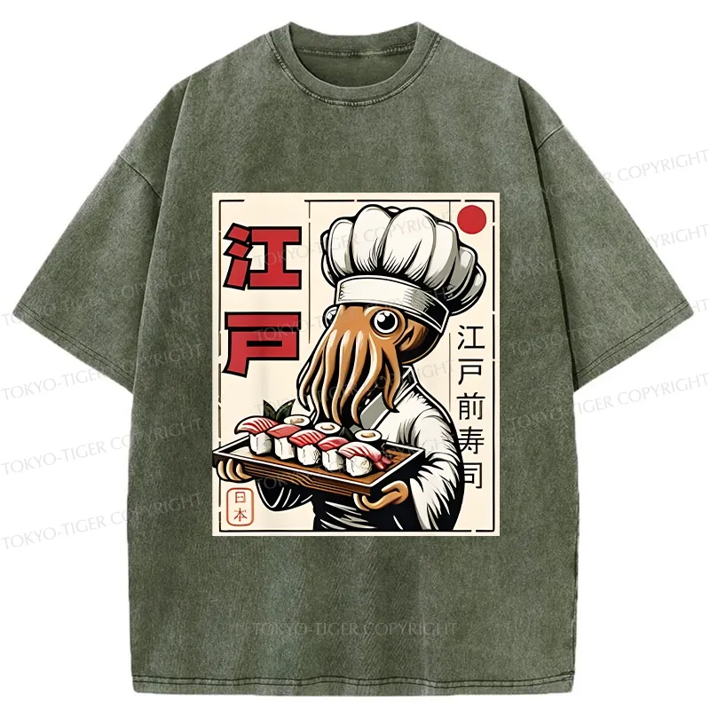 Tokyo-Tiger Octopus Chef Making Sushi Washed T-Shirt
