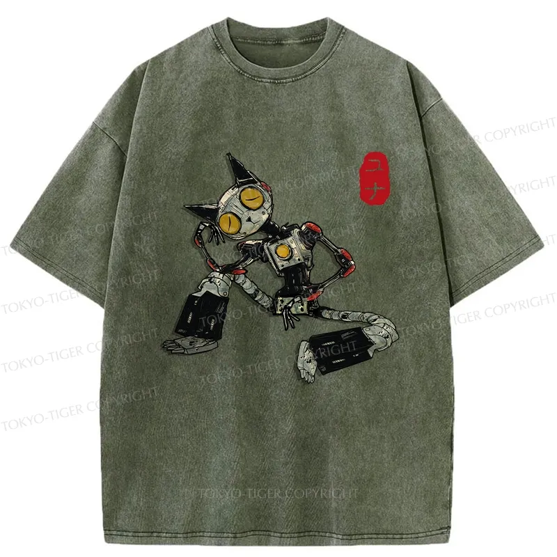 Tokyo-Tiger Contemplative Robot Cat Washed T-Shirt