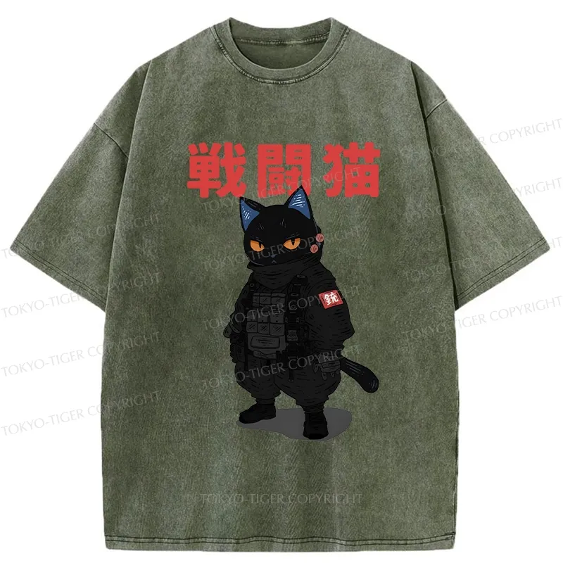 Tokyo-Tiger Fighting Cat Washed T-Shirt