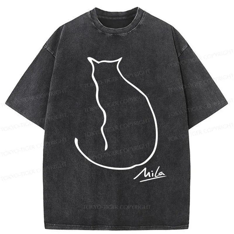 Tokyo-Tiger Simple Drawing Cat Washed T-Shirt