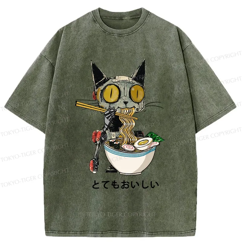 Tokyo-Tiger Ramen Lover Robot Cat Washed T-Shirt