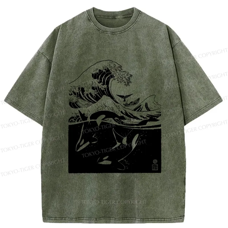 Tokyo-Tiger Whales In The Great Waves Washed T-Shirt