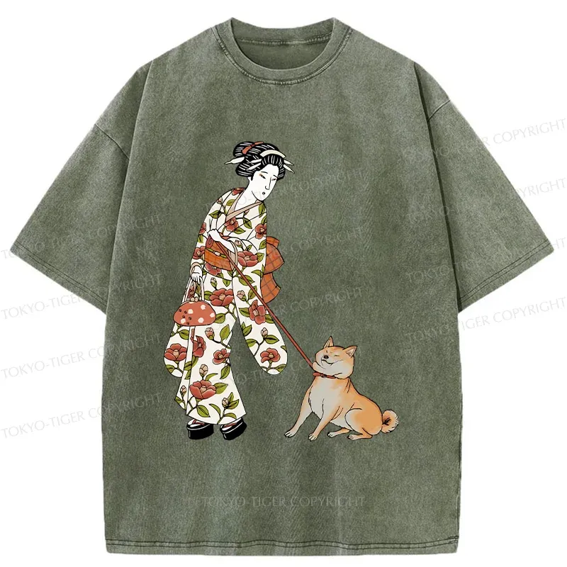 Tokyo-Tiger Geisha Walking Her Dog Washed T-Shirt
