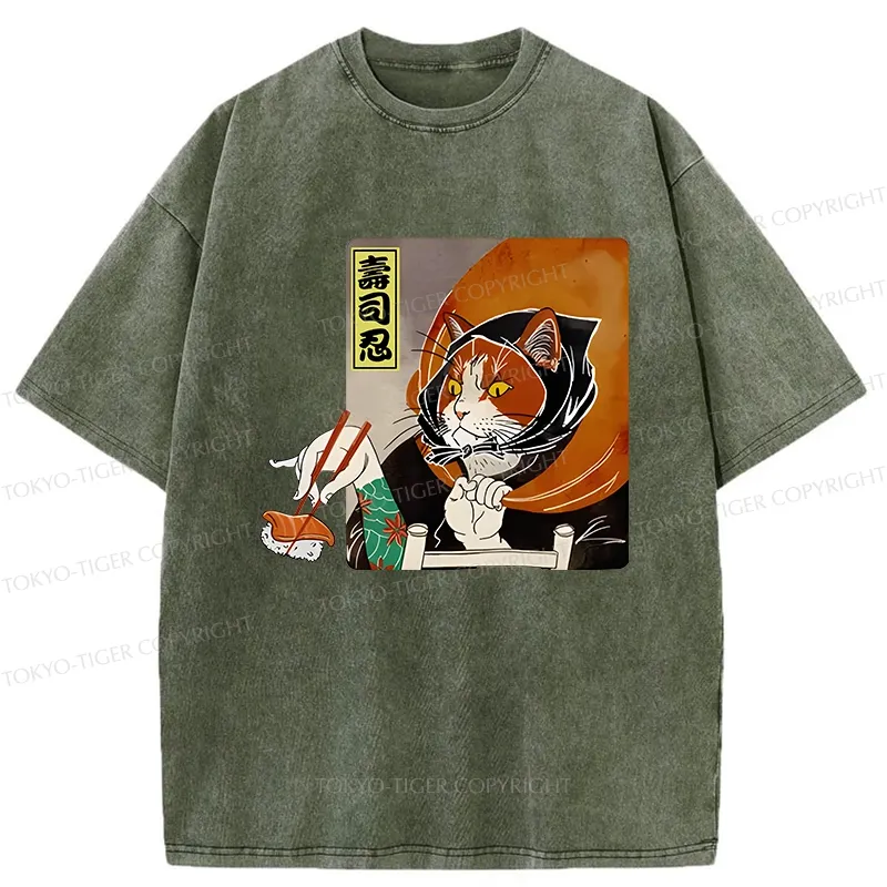 Tokyo-Tiger Sushi Ninja Cat Washed T-Shirt Sale