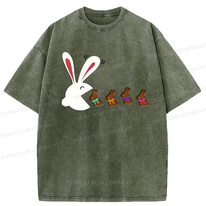 Tokyo-Tiger Funny Eating Chocolate Bunny Washed T-Shirt