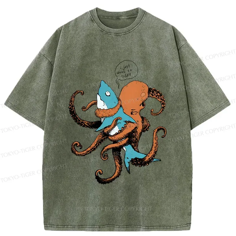 Tokyo-Tiger Octopus Entangles Shark Washed T-Shirt