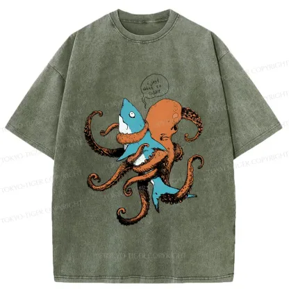 Tokyo-Tiger Octopus Entangles Shark Washed T-Shirt
