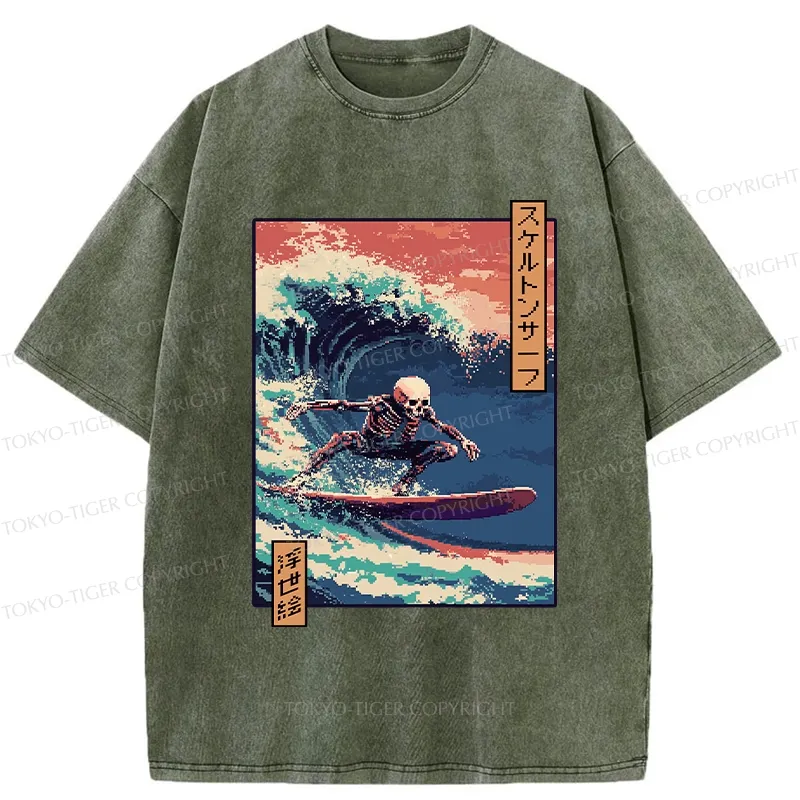 Tokyo-Tiger Skeleton Surfing Washed T-Shirt