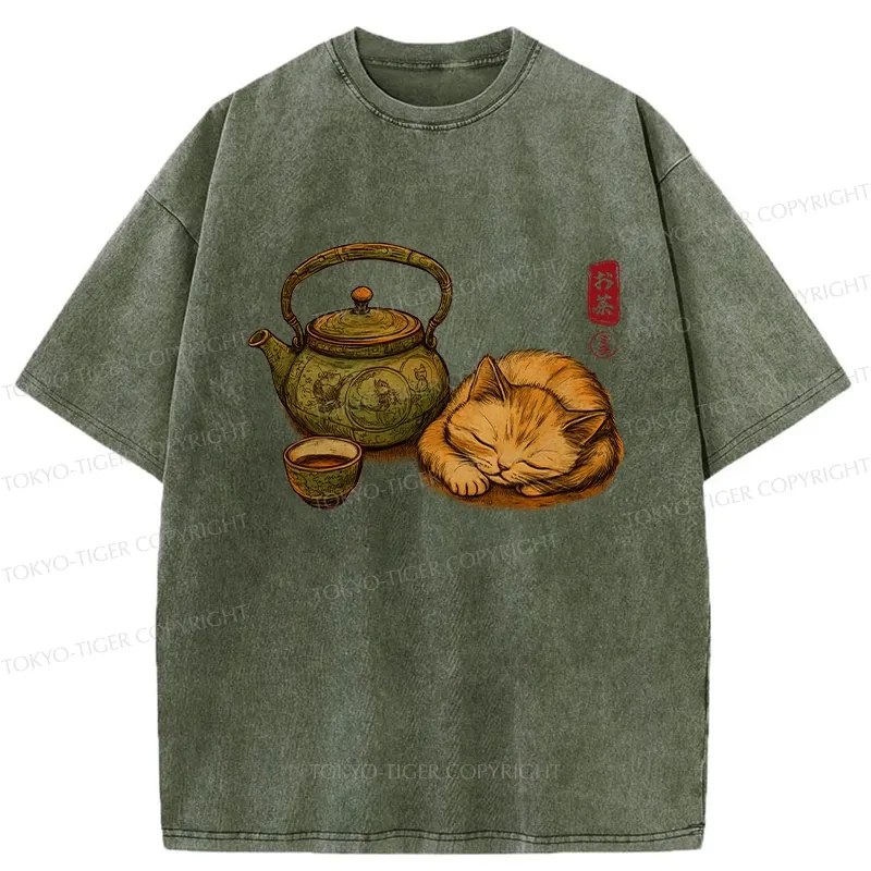 Tokyo-Tiger Tea Ceremony With Cat Washed T-Shirt