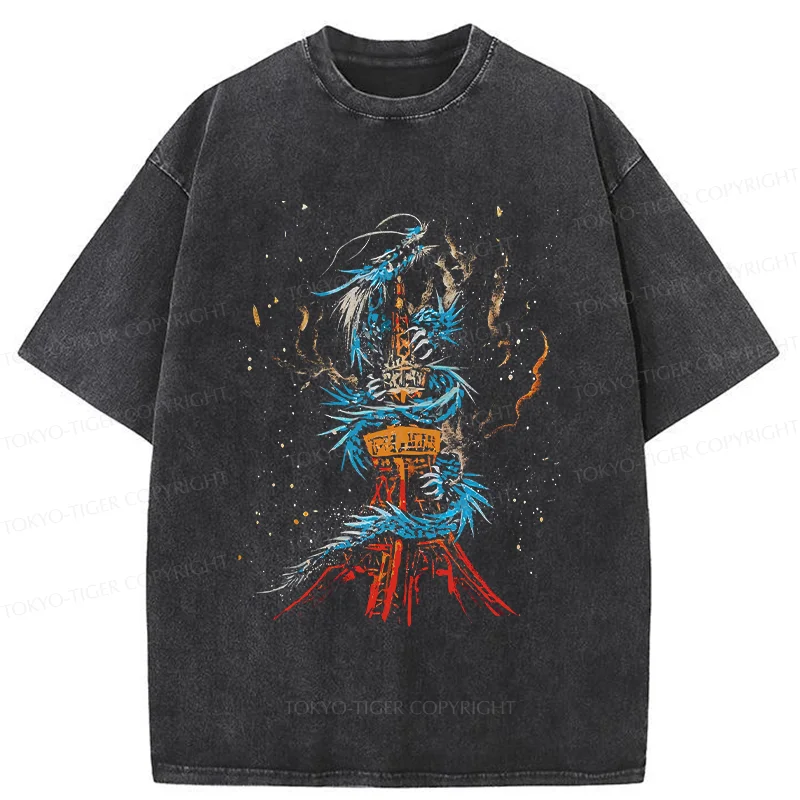 Tokyo-Tiger Dragon And Tokyo Tower Washed T-Shirt