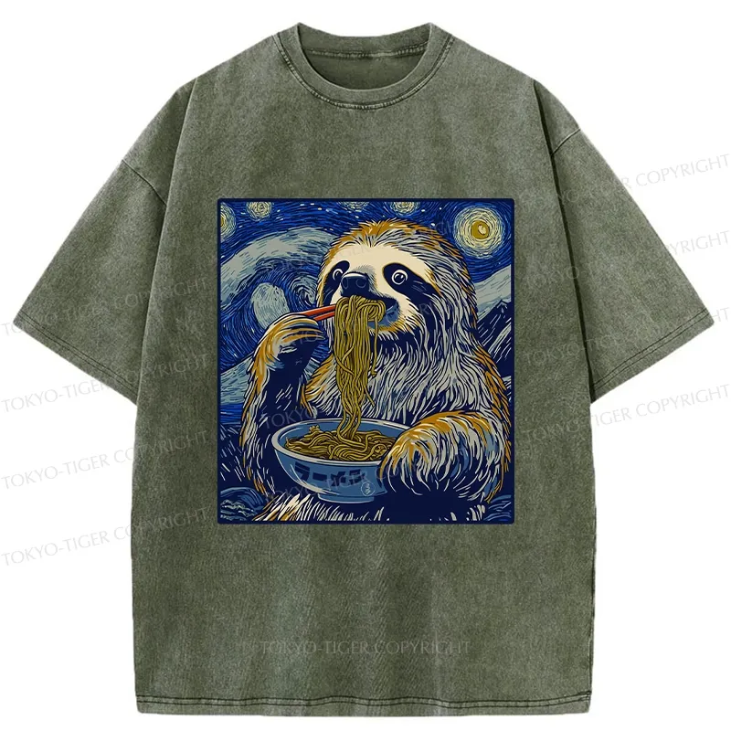 Tokyo-Tiger Ramen Lover Cute Sloth Washed T-Shirt Sale