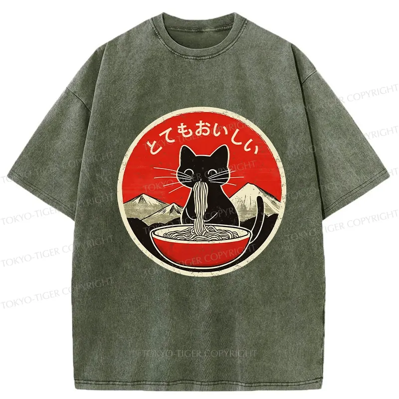 Tokyo-Tiger Cat Eating Yummy Ramen Washed T-Shirt