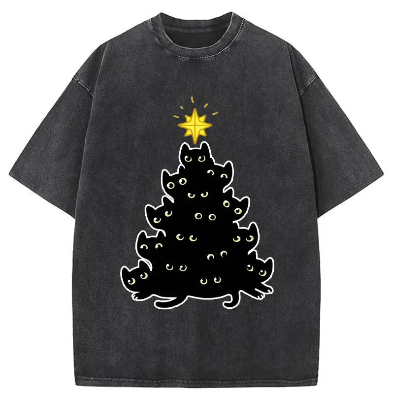 Tokyo-Tiger Black Cat Christmas Tree Washed T-Shirt