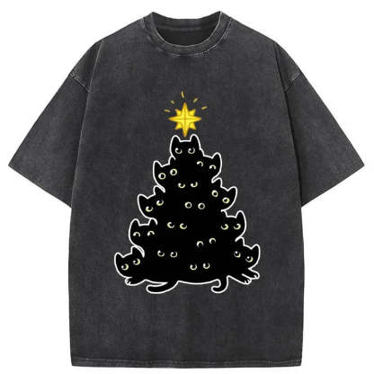 Tokyo-Tiger Black Cat Christmas Tree Washed T-Shirt