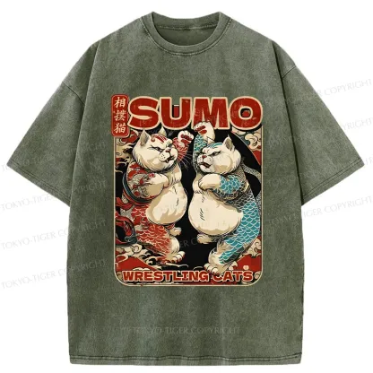 Tokyo-Tiger Wrestling Sumo Cats Washed T-Shirt