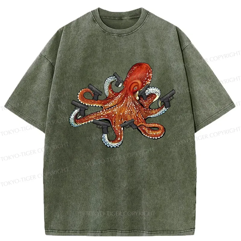 Tokyo-Tiger Funny Octopus With Guns Washed T-Shirt