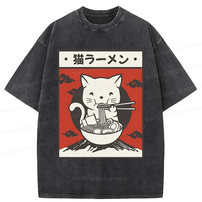 Tokyo-Tiger Retro White Cat Eating Ramen Washed T-Shirt