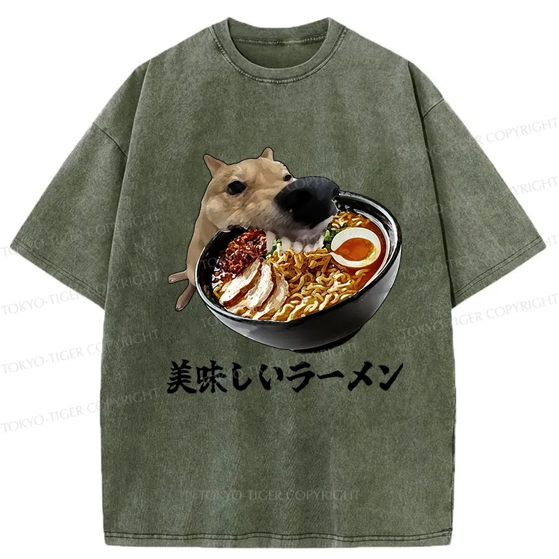 Tokyo-Tiger Funny Ramen Lover Dog Washed T-Shirt