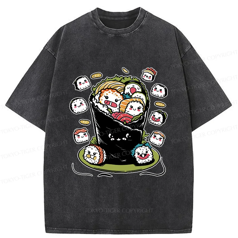 Tokyo-Tiger Sushi Burrito Funny Washed T-Shirt
