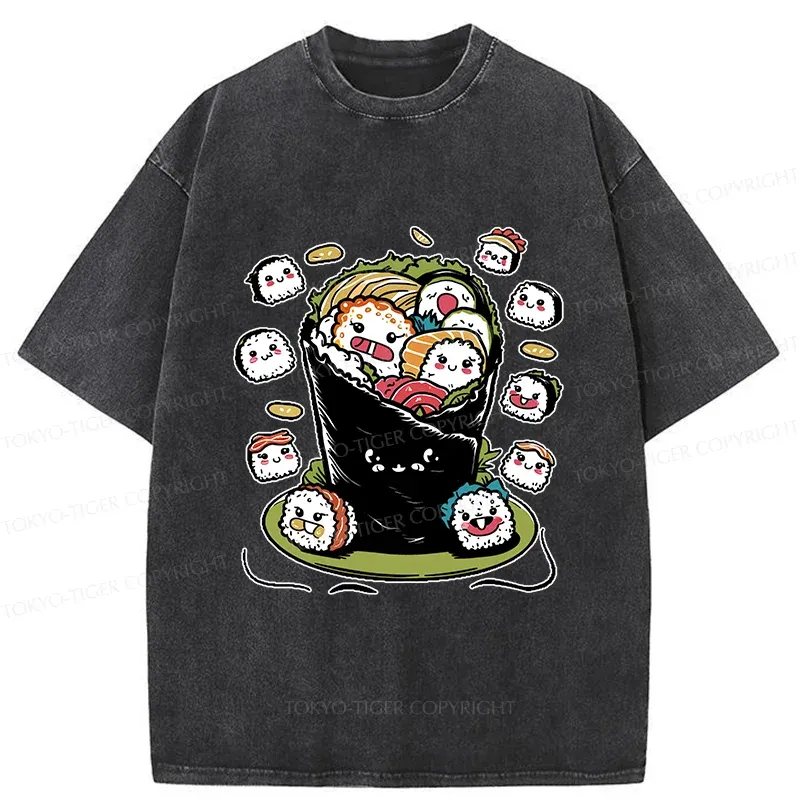 Tokyo-Tiger Sushi Burrito Funny Washed T-Shirt