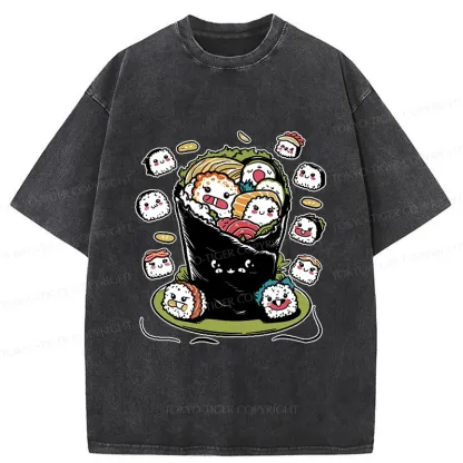 Tokyo-Tiger Sushi Burrito Funny Washed T-Shirt