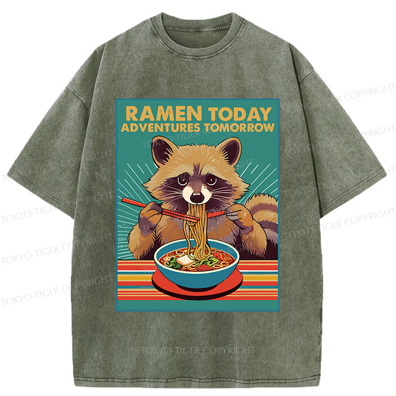 Tokyo-Tiger Raccoon Eating Ramen Washed T-Shirt