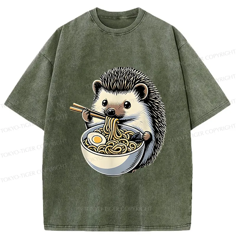 Tokyo-Tiger Hedgehog Eat Ramen Kawaii Washed T-Shirt